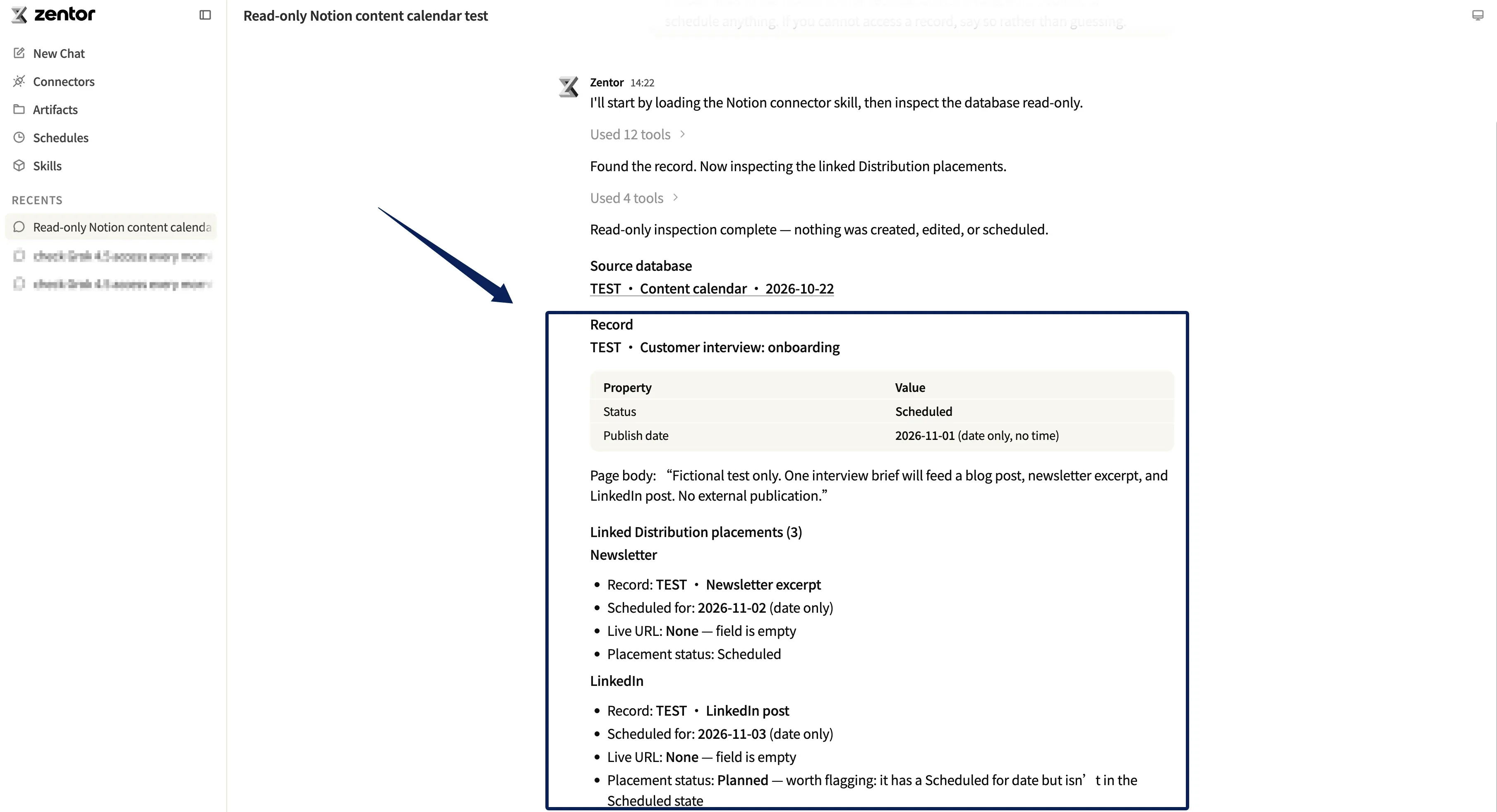 Vendor-supplied Zentor read-only test screenshot: linked placements, scheduled dates and empty Live URL fields.
