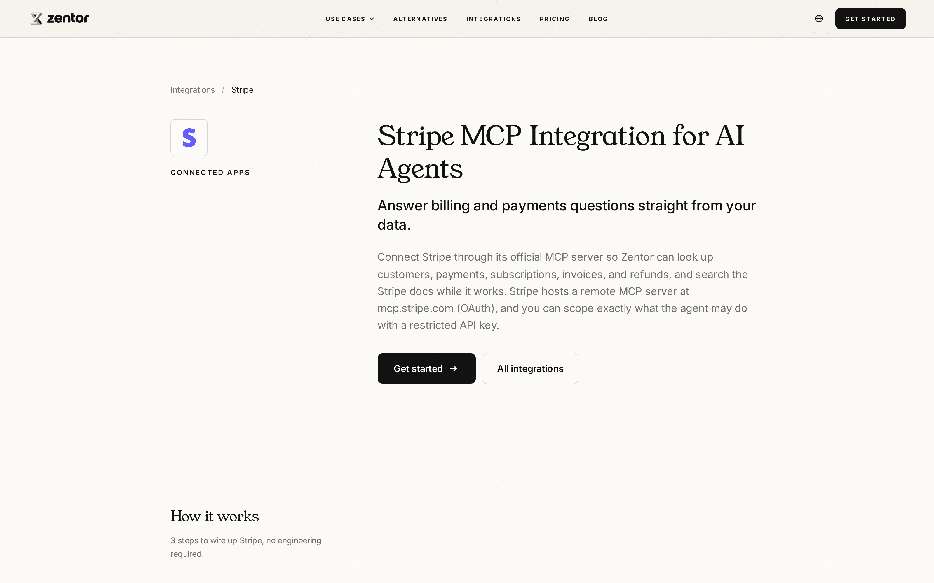 Zentor's public Stripe MCP integration page describes payment lookups and permission-scoped access, not Wix's buyer wallet.